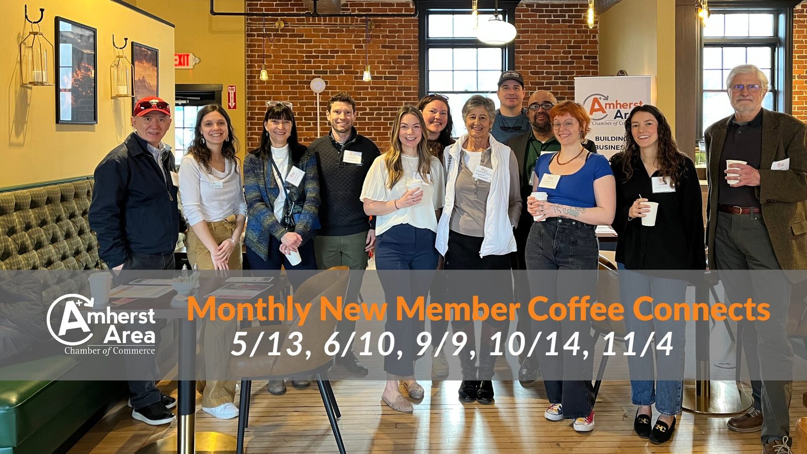 Monthly New Member Coffee Connects, 5/13, 6/10, 9/9, 10/14, 11/4, over a group photograph