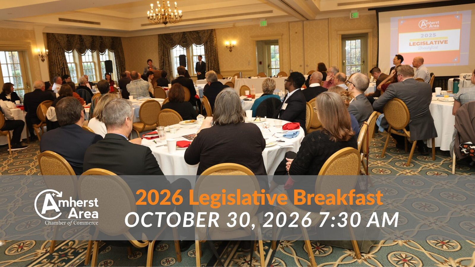 2026 Legislative Breakfast, October 30, 2026, 7:30 AM, over a photograph of a breakfast room